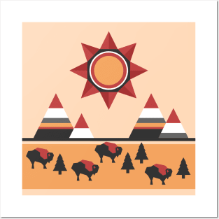 Sun, mountains and buffaloes - native Indian style landscape Posters and Art